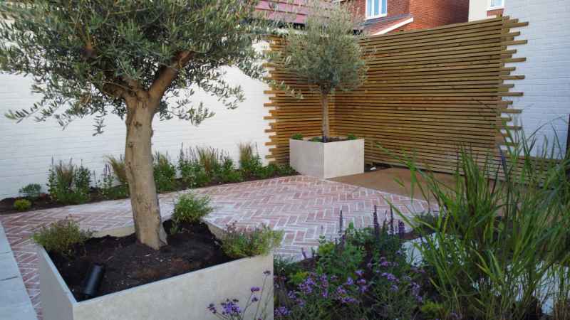 Mediterranean style garden completed by Harris Landscapes in Manchester